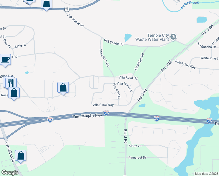 map of restaurants, bars, coffee shops, grocery stores, and more near 47 Villa Rosa Trail in Temple
