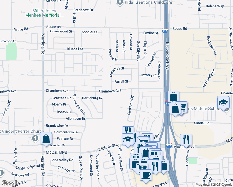 map of restaurants, bars, coffee shops, grocery stores, and more near 26583 Chambers Avenue in Menifee