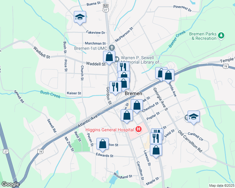 map of restaurants, bars, coffee shops, grocery stores, and more near 138 Buchanan Street in Bremen