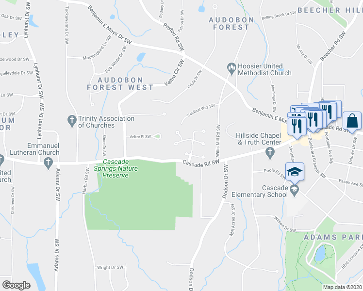 map of restaurants, bars, coffee shops, grocery stores, and more near 1269 Springhouse Lane Southwest in Atlanta
