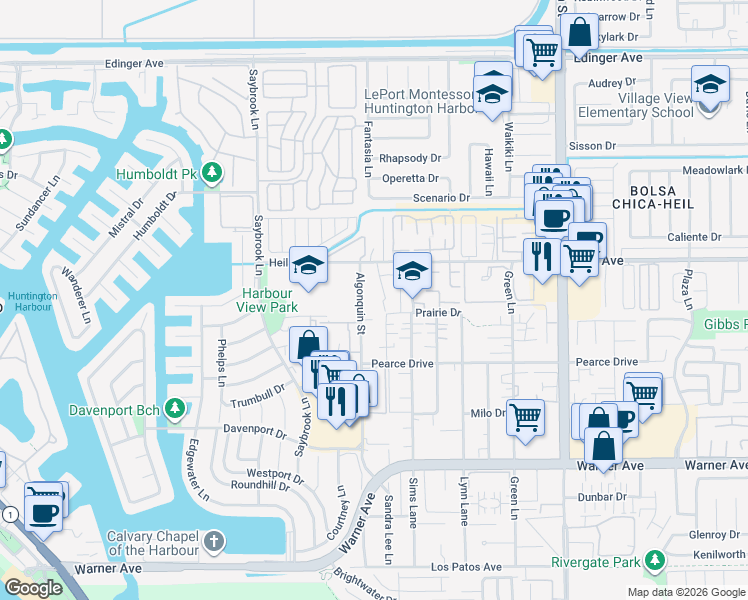 map of restaurants, bars, coffee shops, grocery stores, and more near 16618 Algonquin Street in Huntington Beach