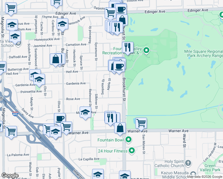 map of restaurants, bars, coffee shops, grocery stores, and more near 16629 Apple Street in Fountain Valley