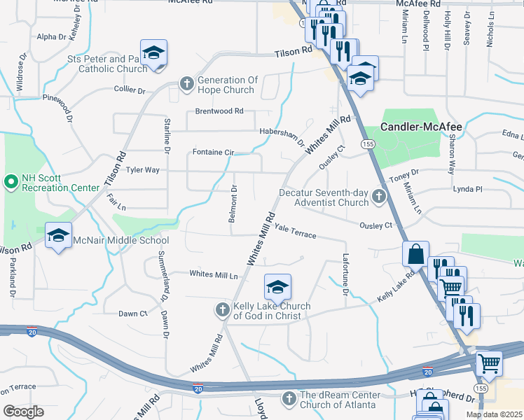 map of restaurants, bars, coffee shops, grocery stores, and more near 2245 Whites Mill Road in Decatur