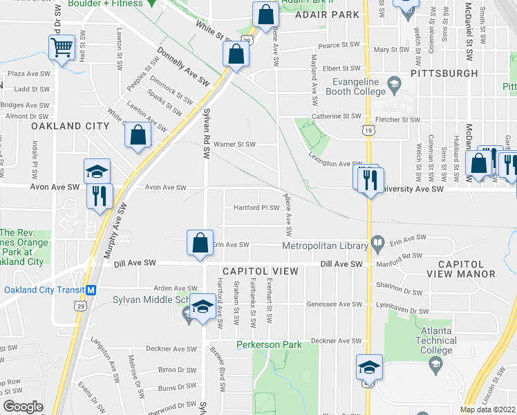 map of restaurants, bars, coffee shops, grocery stores, and more near Hartford Place Southwest in Atlanta