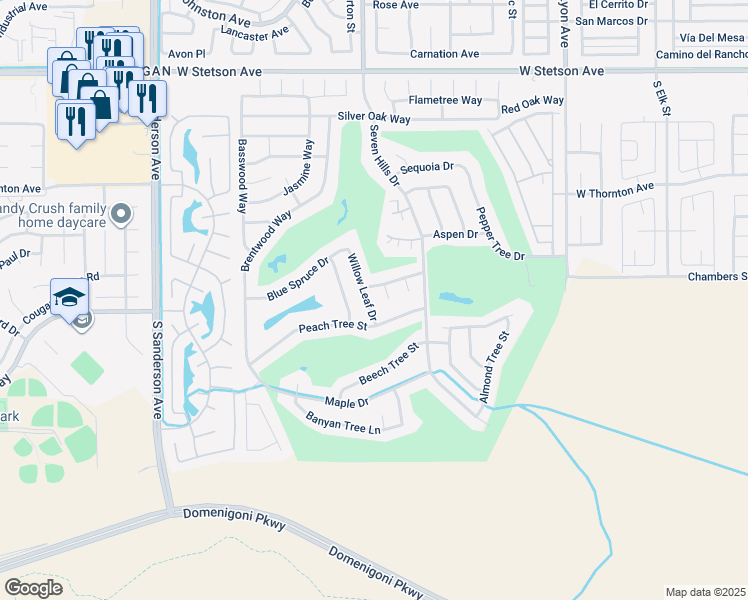 map of restaurants, bars, coffee shops, grocery stores, and more near 1602 Willow Leaf Drive in Hemet