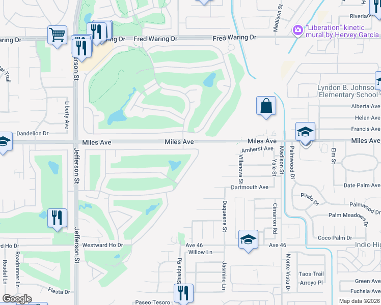map of restaurants, bars, coffee shops, grocery stores, and more near 80553 Jasper Park Avenue in Indio