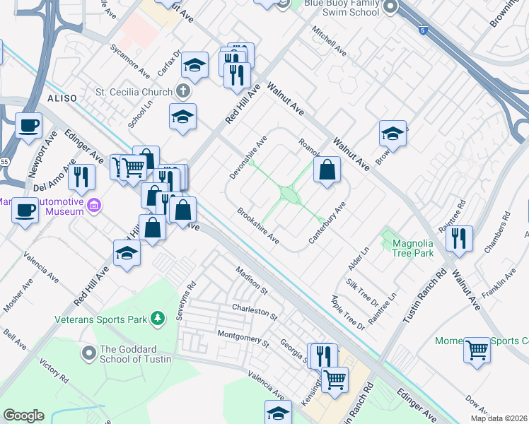 map of restaurants, bars, coffee shops, grocery stores, and more near 14812 Briarcliff Place in Tustin