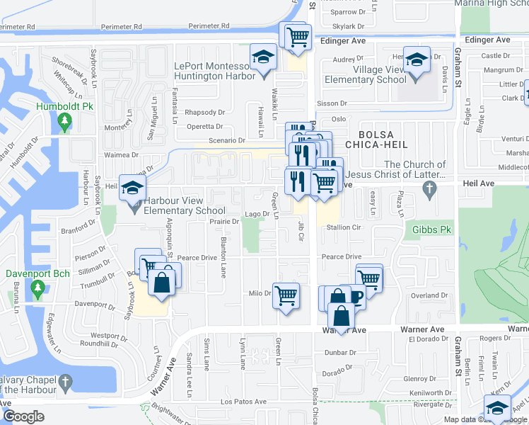 map of restaurants, bars, coffee shops, grocery stores, and more near 4861 Green Lane in Huntington Beach