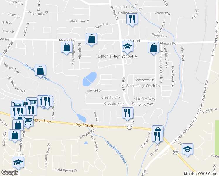 map of restaurants, bars, coffee shops, grocery stores, and more near 6053 Creekford Drive in Lithonia