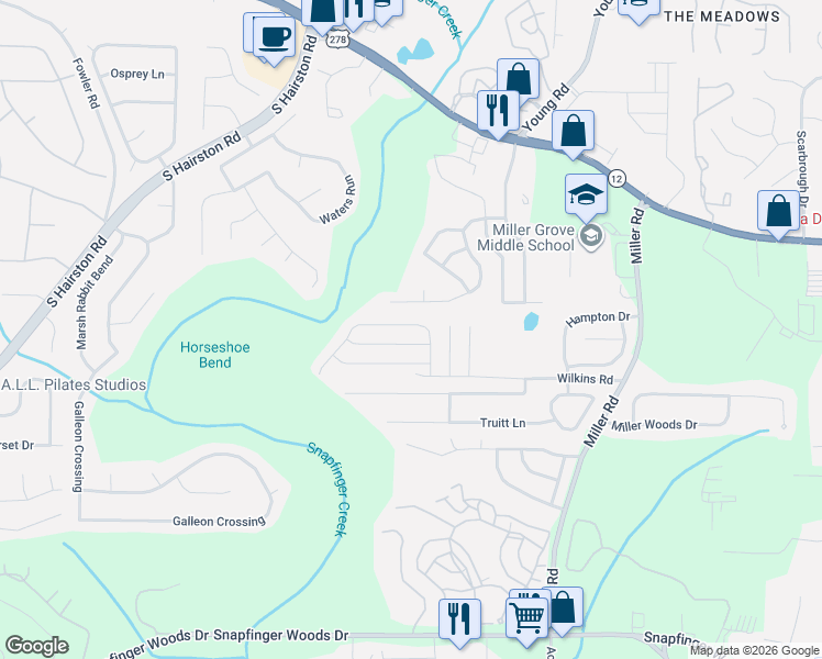 map of restaurants, bars, coffee shops, grocery stores, and more near 2276 Ramblewood Circle in Decatur