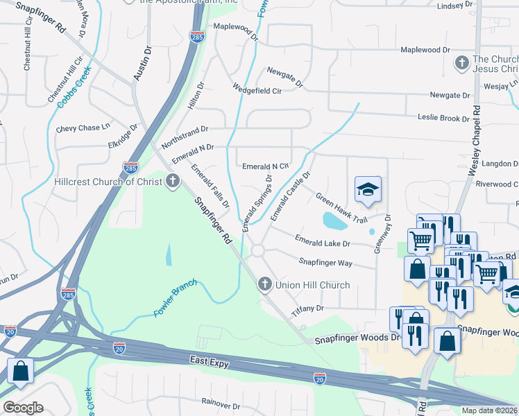 map of restaurants, bars, coffee shops, grocery stores, and more near 2283 Emerald Springs Drive in Decatur