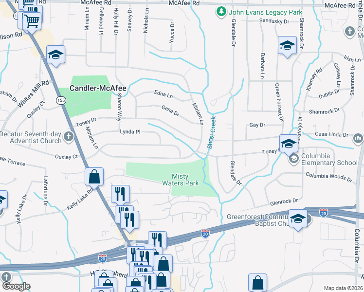 map of restaurants, bars, coffee shops, grocery stores, and more near 2982 Valley Ridge Drive in Decatur