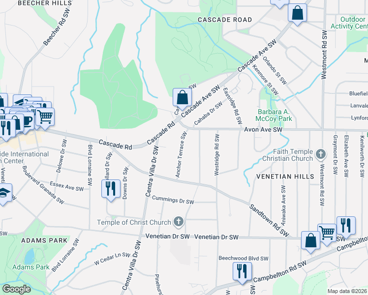 map of restaurants, bars, coffee shops, grocery stores, and more near 1243 Anchor Terrace Southwest in Atlanta