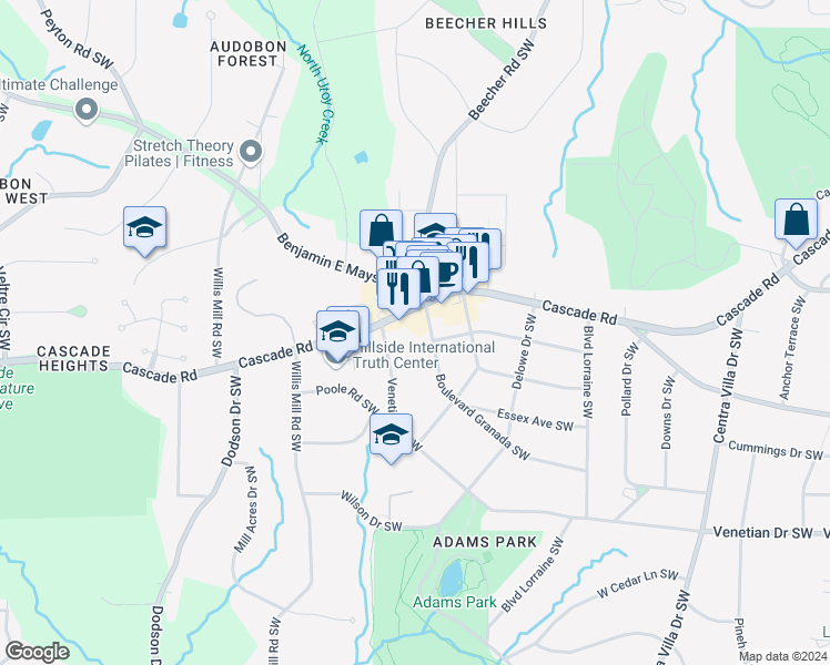 map of restaurants, bars, coffee shops, grocery stores, and more near 2334 Cascade Road in Atlanta