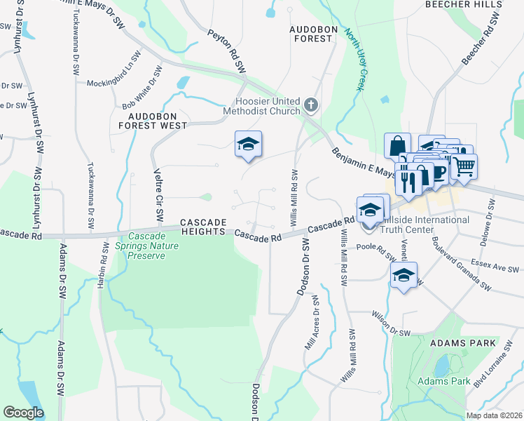 map of restaurants, bars, coffee shops, grocery stores, and more near 1256 Spring Park Drive Southwest in Atlanta