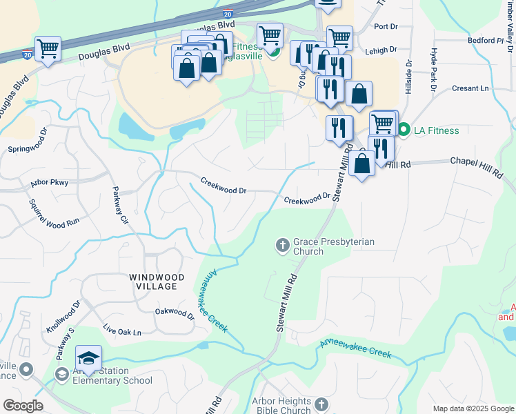map of restaurants, bars, coffee shops, grocery stores, and more near 8605 Stone Creek Court in Douglasville
