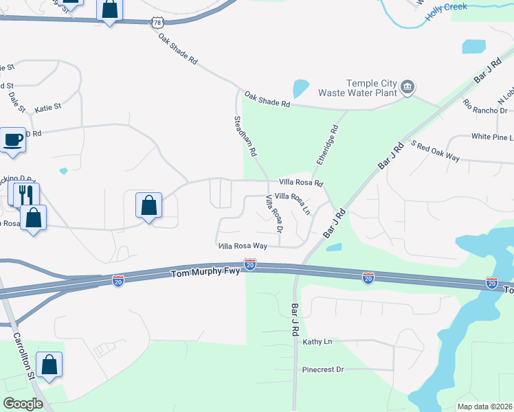 map of restaurants, bars, coffee shops, grocery stores, and more near 47 Villa Rosa Trail in Temple
