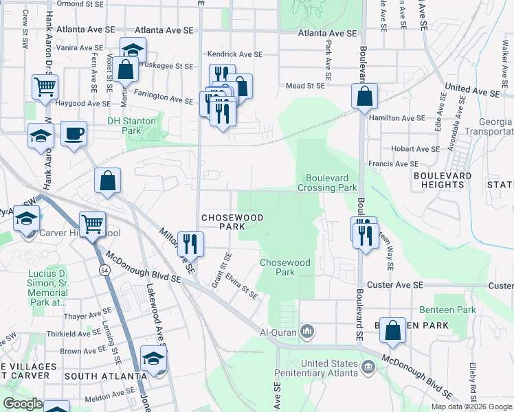 map of restaurants, bars, coffee shops, grocery stores, and more near 400 Climax Street Southeast in Atlanta