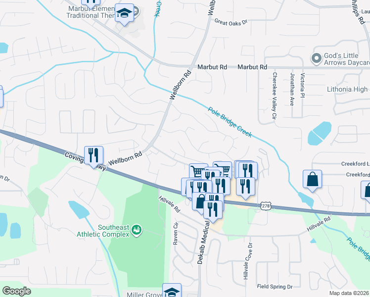 map of restaurants, bars, coffee shops, grocery stores, and more near 2273 Cypress Point Way in Lithonia