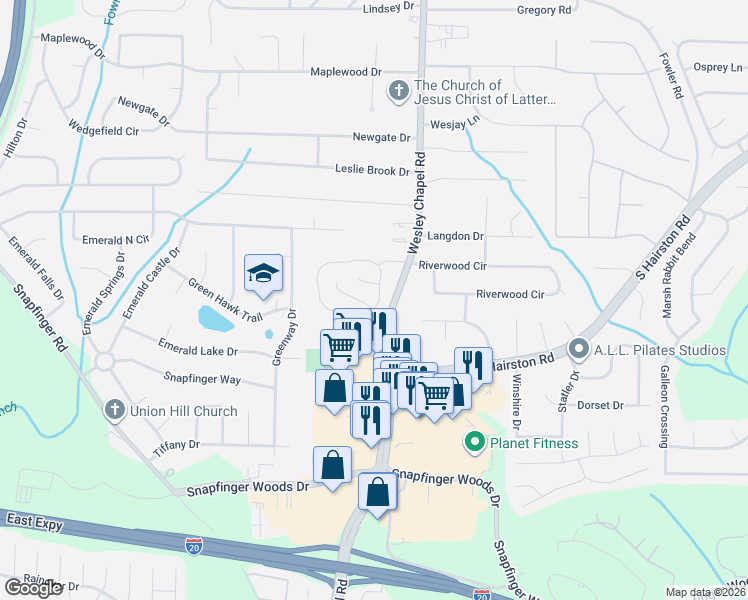 map of restaurants, bars, coffee shops, grocery stores, and more near 2176 Wingfoot Place in Decatur