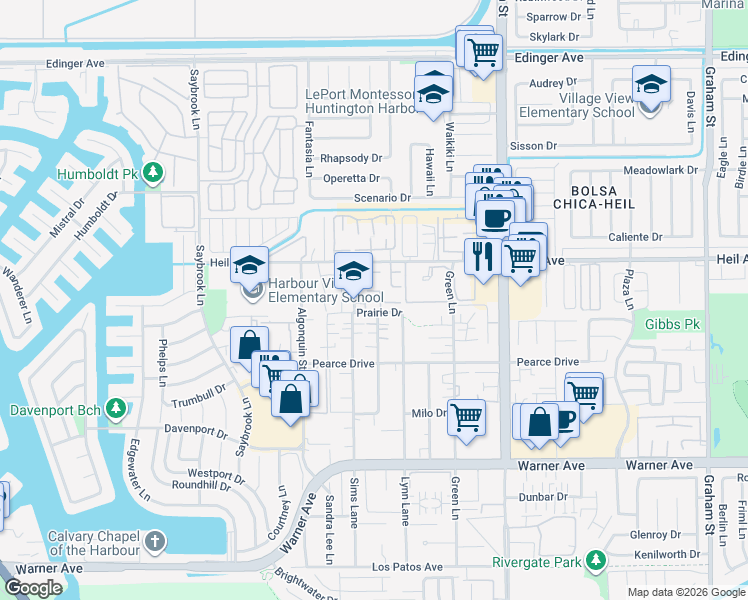 map of restaurants, bars, coffee shops, grocery stores, and more near 16585 Pescado Lane in Huntington Beach