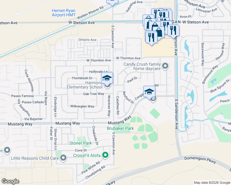 map of restaurants, bars, coffee shops, grocery stores, and more near 1551 Calathea Road in Hemet