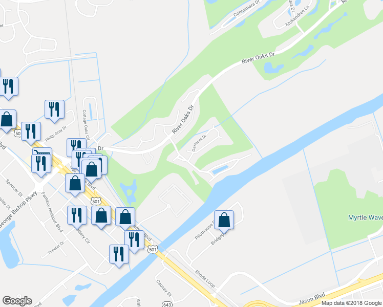 map of restaurants, bars, coffee shops, grocery stores, and more near 401 Oakmont Drive in Myrtle Beach