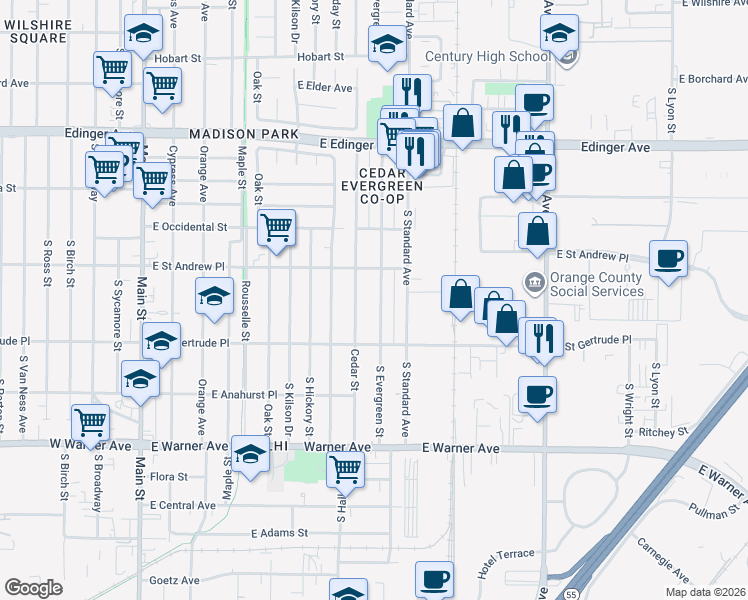 map of restaurants, bars, coffee shops, grocery stores, and more near 2026 Evergreen Street in Santa Ana
