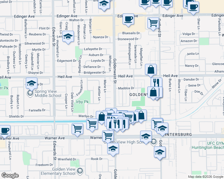 map of restaurants, bars, coffee shops, grocery stores, and more near 16582 Goldenwest Street in Huntington Beach