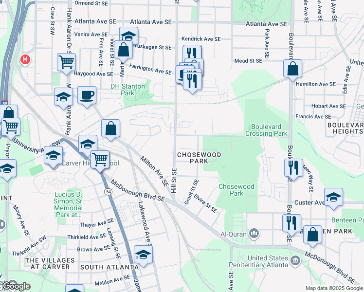 map of restaurants, bars, coffee shops, grocery stores, and more near 308 Climax Street Southeast in Atlanta