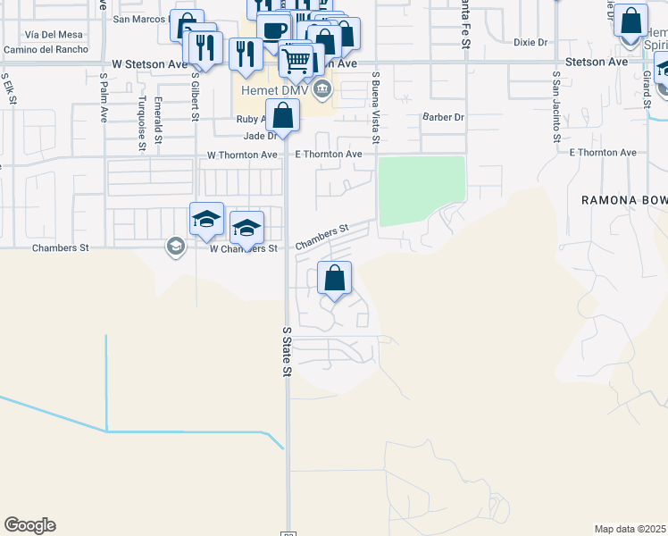 map of restaurants, bars, coffee shops, grocery stores, and more near 1536 South State Street in Hemet