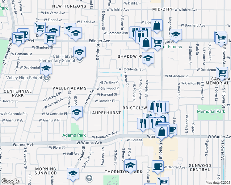 map of restaurants, bars, coffee shops, grocery stores, and more near 1725 West Harvard Street in Santa Ana