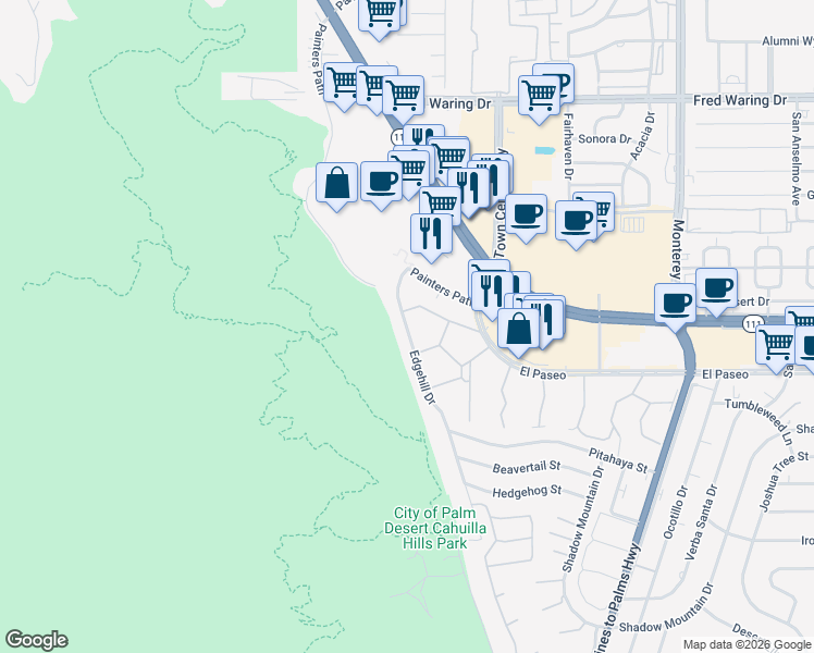 map of restaurants, bars, coffee shops, grocery stores, and more near 45534 Edgehill Drive in Palm Desert