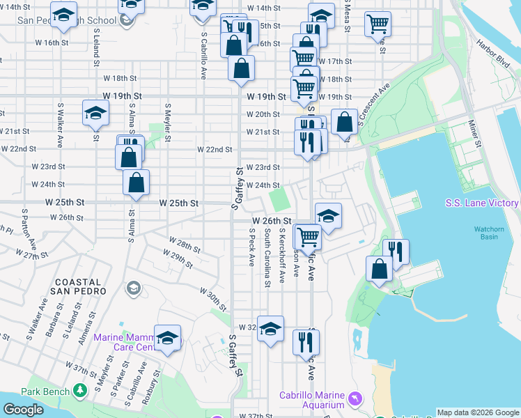 map of restaurants, bars, coffee shops, grocery stores, and more near 2435 South Carolina Street in Los Angeles