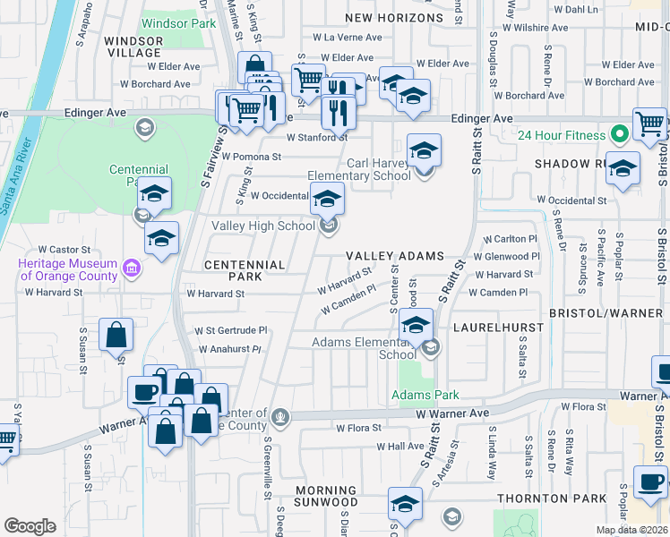 map of restaurants, bars, coffee shops, grocery stores, and more near 1920 South Griset Place in Santa Ana