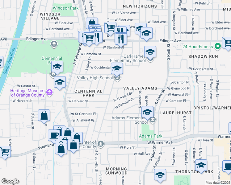 map of restaurants, bars, coffee shops, grocery stores, and more near 1920 South Griset Place in Santa Ana