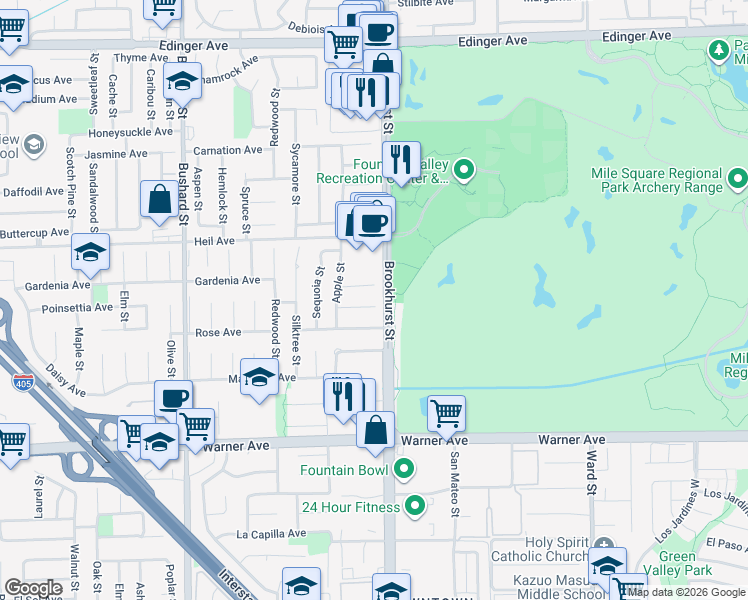 map of restaurants, bars, coffee shops, grocery stores, and more near 9960 Aster Circle in Fountain Valley