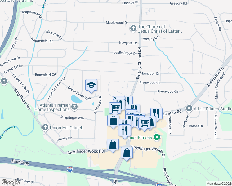 map of restaurants, bars, coffee shops, grocery stores, and more near 4213 Wesley Hall Lane in Decatur