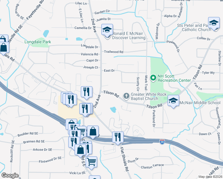 map of restaurants, bars, coffee shops, grocery stores, and more near 2046 Tilson Road in Decatur