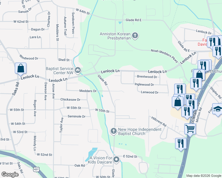 map of restaurants, bars, coffee shops, grocery stores, and more near 5703 Glade Road in Anniston