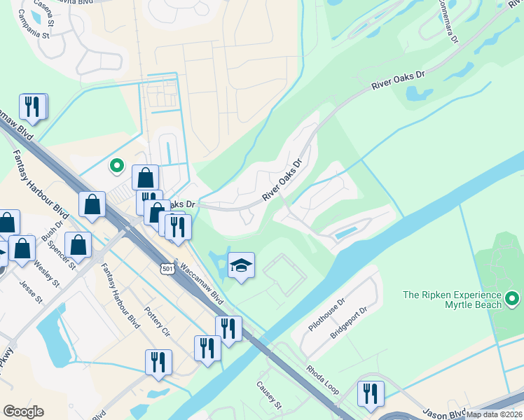 map of restaurants, bars, coffee shops, grocery stores, and more near 494 River Oaks Drive in Myrtle Beach