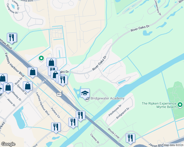 map of restaurants, bars, coffee shops, grocery stores, and more near 494 River Oaks Drive in Myrtle Beach