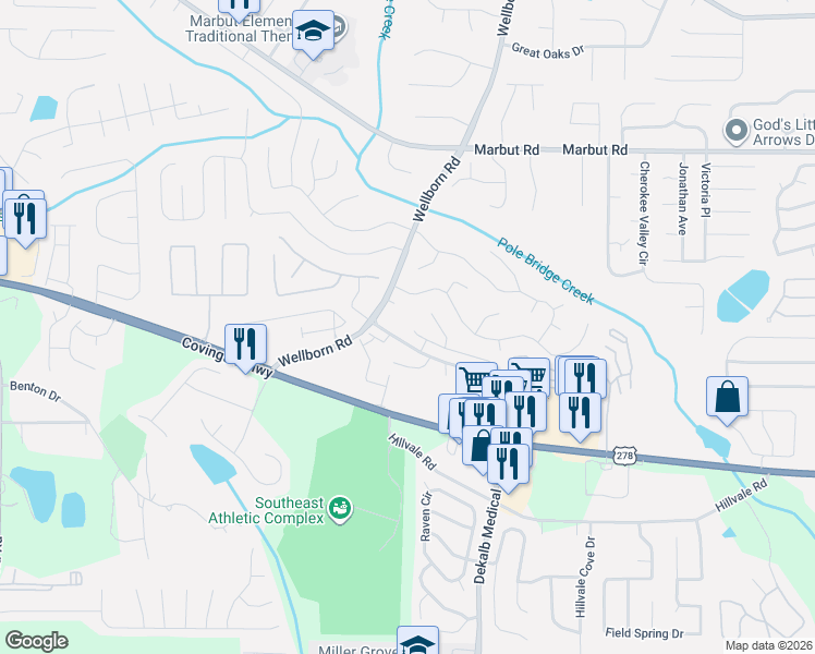 map of restaurants, bars, coffee shops, grocery stores, and more near 2314 Wellborn Road in Lithonia