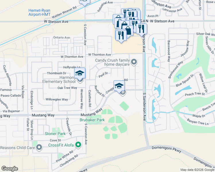 map of restaurants, bars, coffee shops, grocery stores, and more near 1527 Palomar Mountain Place in Hemet