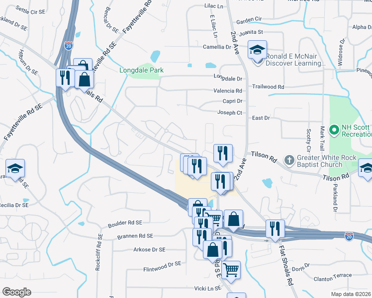 map of restaurants, bars, coffee shops, grocery stores, and more near 1880 South Hampton Lane Southeast in Atlanta