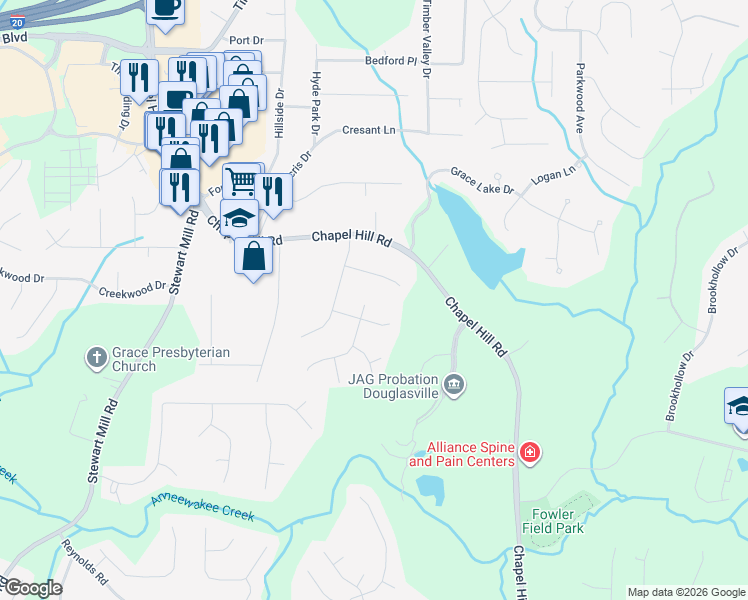 map of restaurants, bars, coffee shops, grocery stores, and more near 3102 North Woods Trail in Douglasville