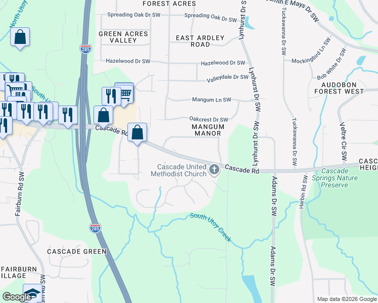 map of restaurants, bars, coffee shops, grocery stores, and more near 3215 Cascade Road Southwest in Atlanta
