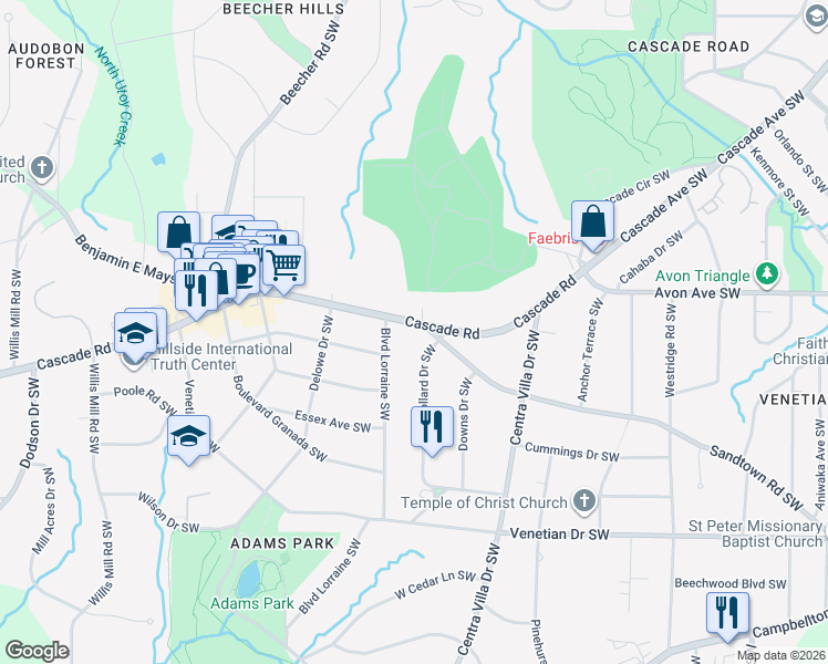 map of restaurants, bars, coffee shops, grocery stores, and more near 2112 Cascade Road in Atlanta