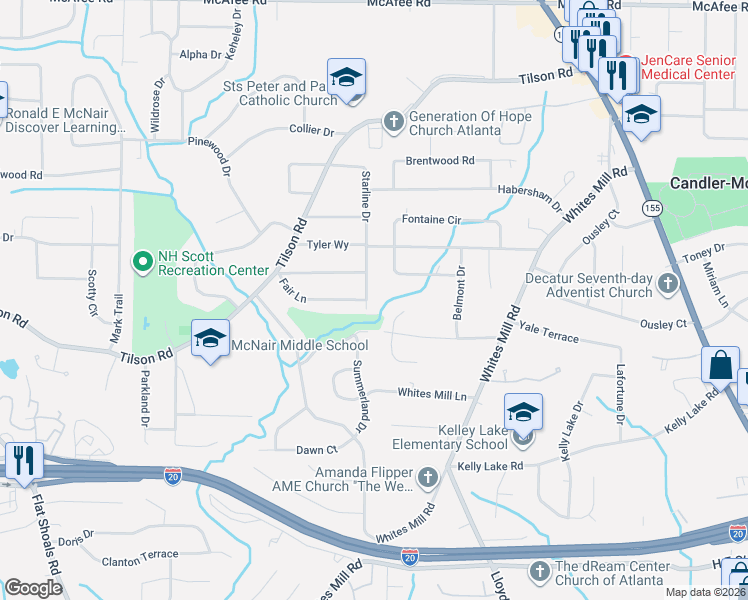 map of restaurants, bars, coffee shops, grocery stores, and more near 2325 Starline Drive in Decatur