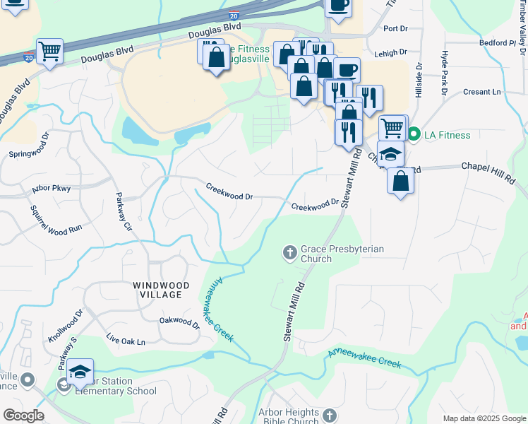 map of restaurants, bars, coffee shops, grocery stores, and more near 8605 Stone Creek Court in Douglasville